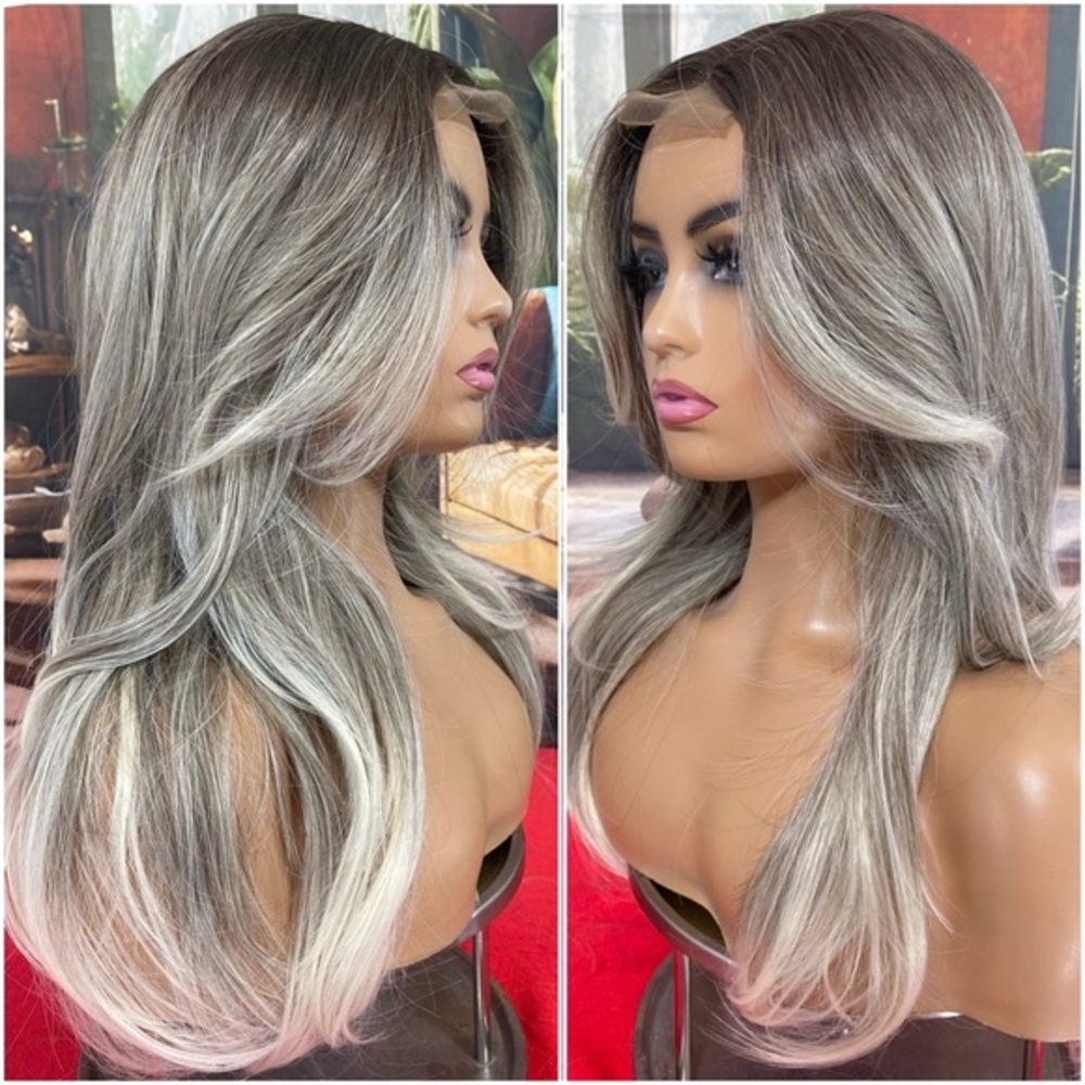 center lace grey white mixed layered wig